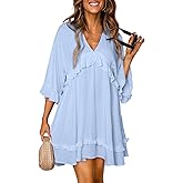 Dokotoo Womens 2024 Summer Ruffle Short Sleeve Sundress V Neck Tunic Dress Casual Loose Flowy Swing Shift Dress Mini Dress