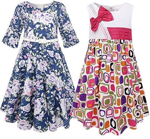 Bonny Billy Girls 2-Piece Floral Causal Dresses for Child 10-11yrs Purple Flower and Geometric