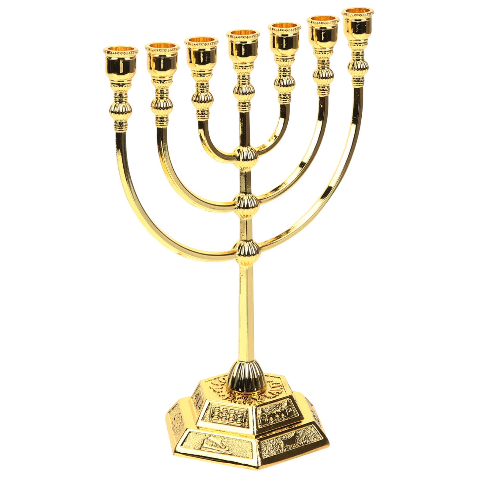 Traditional Jerusalem Temple Candle Holder Menorah Jewish 7 Branch Tribes of Israel Candlestick Candle Holders 17cm Hexagonal Base Jewish Candle Holder Holy Land Gold