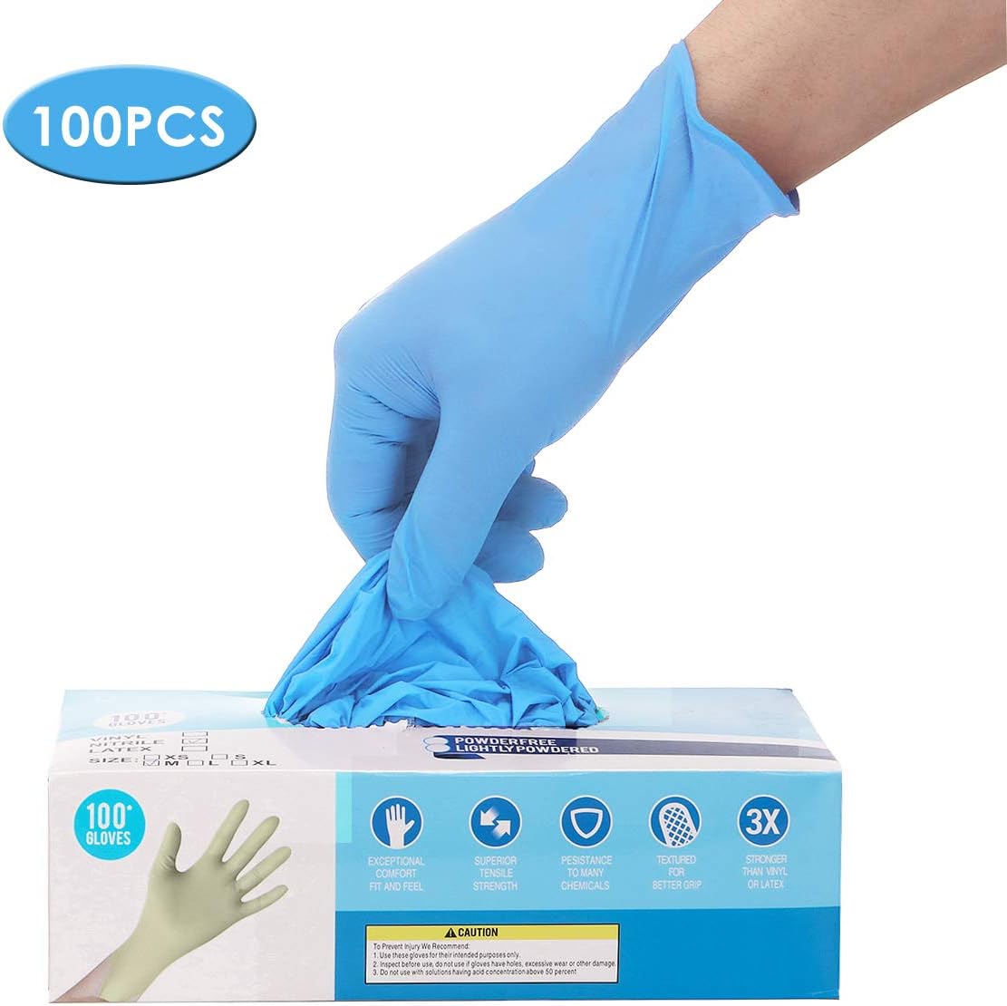 Nitrile Gloves, Hizek Blue Exam Gloves, Box of 100 Disposable Cleaning Gloves, 5 mils, Size Medium, Latex Free, Powder Free, Textured