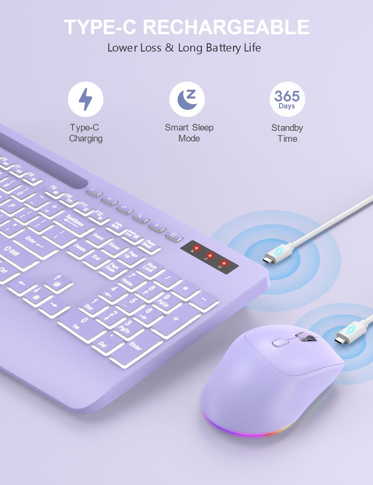 Wireless Keyboard and Mouse Combo - 7Color Backlit, Wrist Rest, Rechargeable, Silent Light Up Keys, Ergonomic Full Size with Phone Holder for Windows, Mac, PC, Laptop, PC - Trueque (Purple)