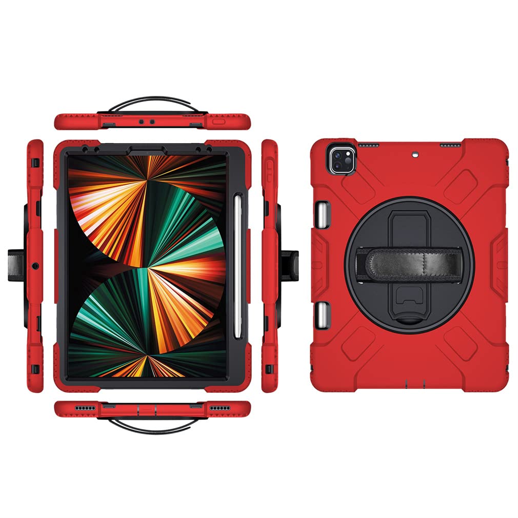 Case for iPad Pro 12.9 Inch 2022/2021/ 2020/2018(6th/ 5th/ 4th/ 3rd Generation) with Pencil Holder, Robust Protective Case with 360° Rotatable Kickstand and Hand Strap, Red