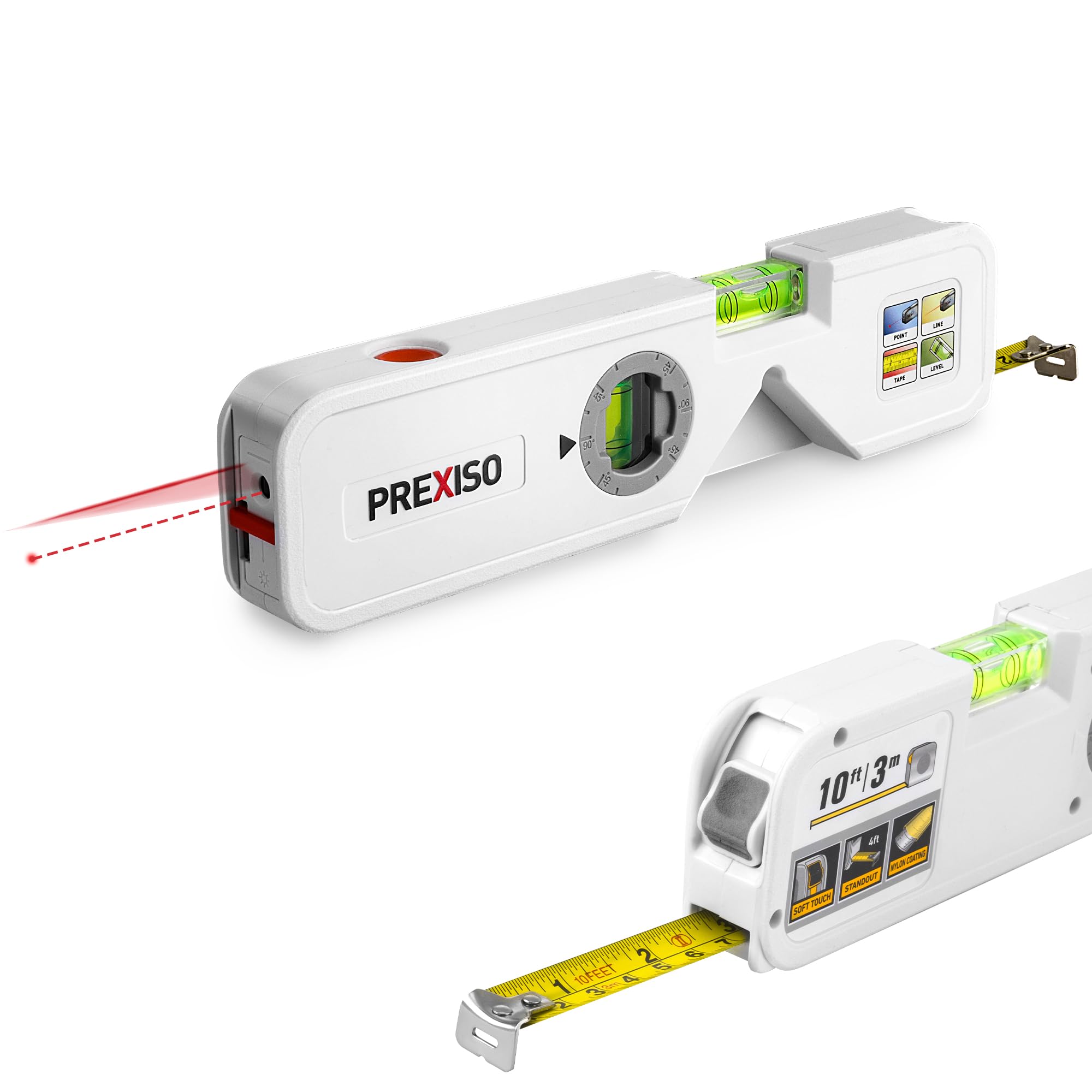 PREXISO 水平器 水準器 レーザーレベル 1台4役 角度計 ミニ水平器 ミニレベル レーザー水平器 コンベックス アクリルチューブ バブルレベル 水平気泡管 ダイヤル式気泡管 傾斜計 3m物差し レーザーライン 棚取付 壁掛け 日曜大工 家庭 DIY用 の商品画像