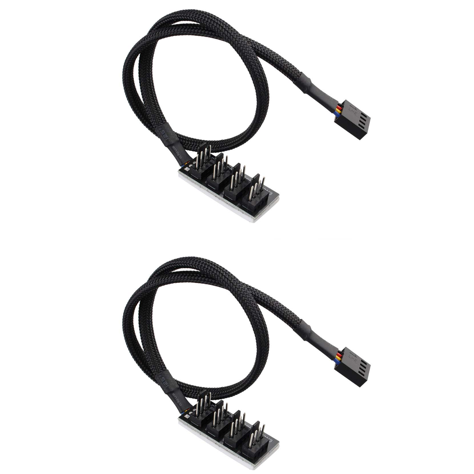 Jopto 2PCS Black PWM Fan Hub Fan Hub CPU Cooling 4 Way Black Sleeved Braided Fan Cable 4 PIN/3PIN 38.5cm High Performance Hub Splitter Adapter for 12V Desktop Computer Cooler Case Fans