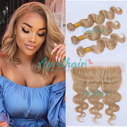 Aprilhair 8A Pre Plucked Lace Frontal With 3 Bundles #27 Honey Blonde Brazilian Virgin Human Hair Body Wave Ear to Ear 13x4 Lace Frontal Closure (16+18 20 22)