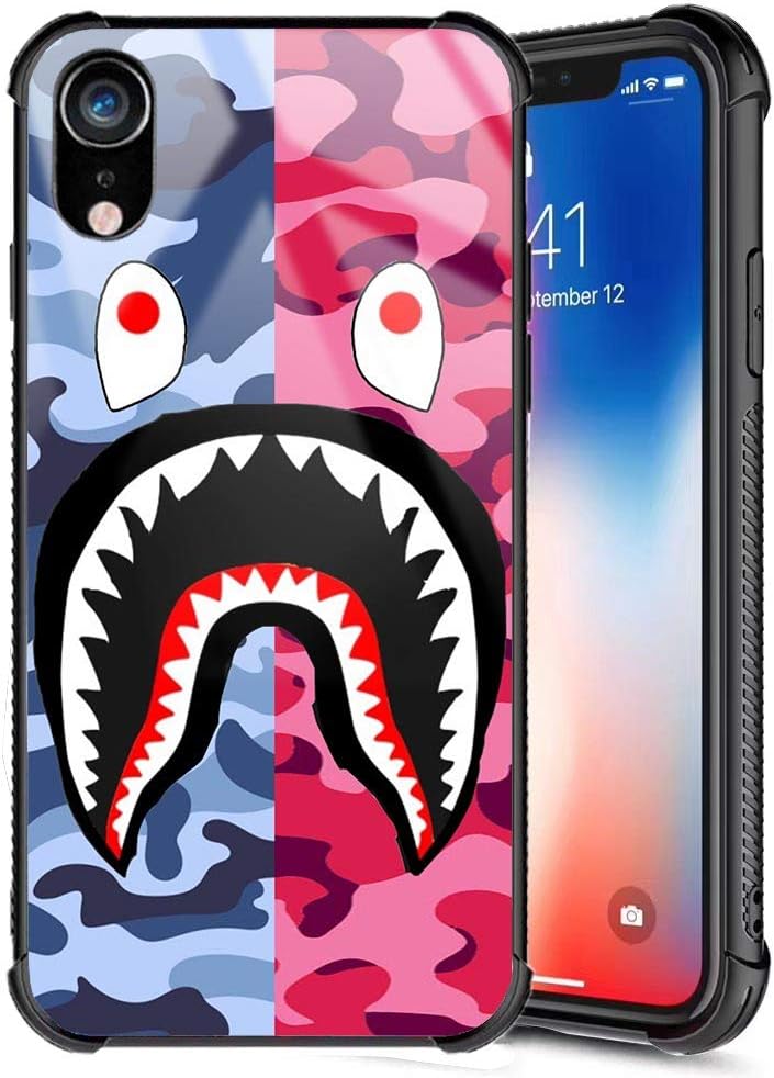 iPhone XR Case, Street Fashion Cool Designer Slim Tempered Glass Back Cover + Soft Silicone TPU Bumper Shock Absorption Anti Scratch Camo Protective Case for iPhone XR 6.1inch (Blue Pink Shark)