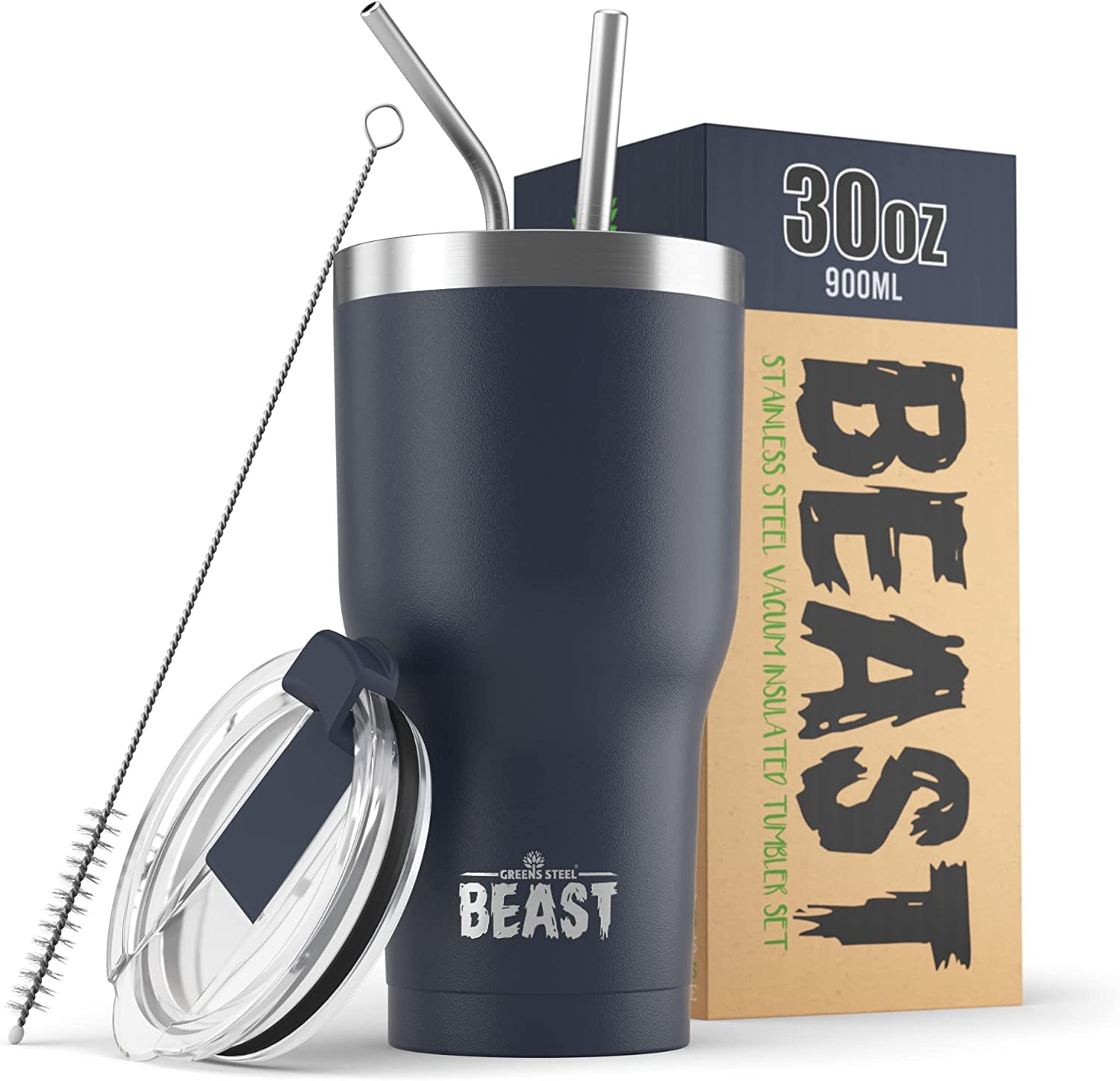 Beast Tumbler - 900 ml (30 oz), Navy Blue | Reusable Stainless Steel, Vacuum Insulated Cup | with + 2 Straws & Cleaning Brush | Double Wall Travel Flask Perfect for Hot or Iced Coffee | BPA Free