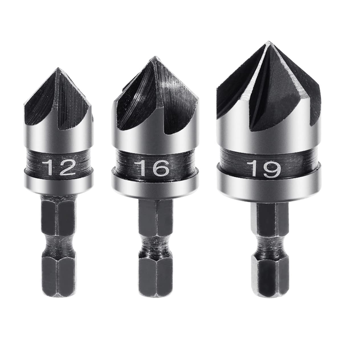 SagaSave 3PCS(12,16,19MM) Metal Countersink Chamfering Drill Bit Cutter,5 Flute 90 Degree Chamfering Countersink Bits for Wood,Soft Metal,Plastic