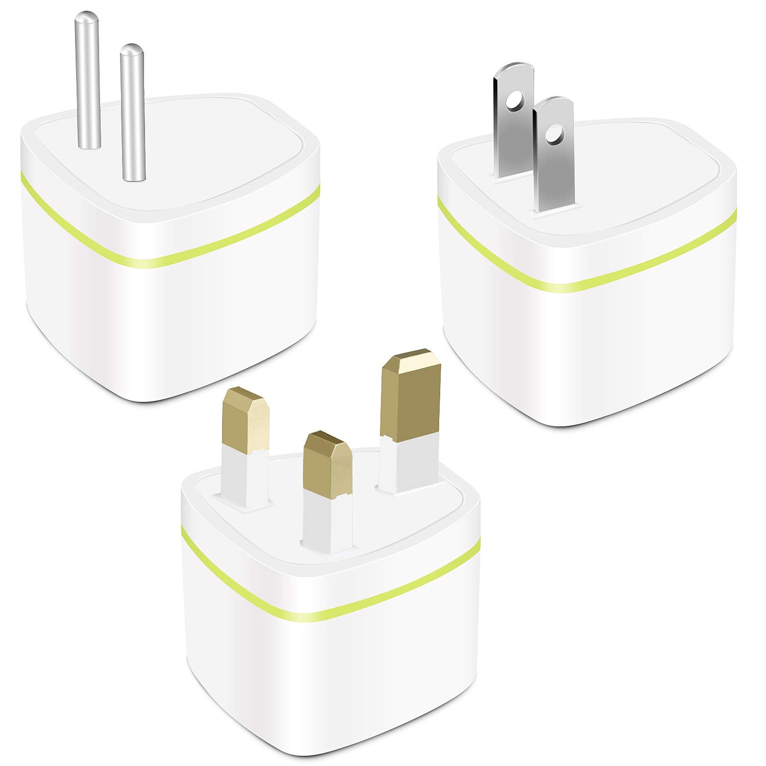Travel Power Plug Adapter, USA, UK, EU Standard Plug, Universal & Grounded, 3 Pack