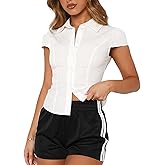 Women's Y2K Button Down Short Sleeve Shirt Slim Fitted Turn Down Collar Solid Color Business Casual Tops