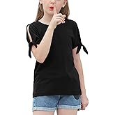 GORLYA Girl's Cut Slit Sleeve Tie Knot Cuff Stripe Tunic T-Shirt Casual Pullover Top for 4-14T Kids