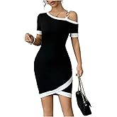SOLY HUX Women's Cold Shoulder Short Sleeve Bodycon Dress Color Block Wrap Summer Dresses