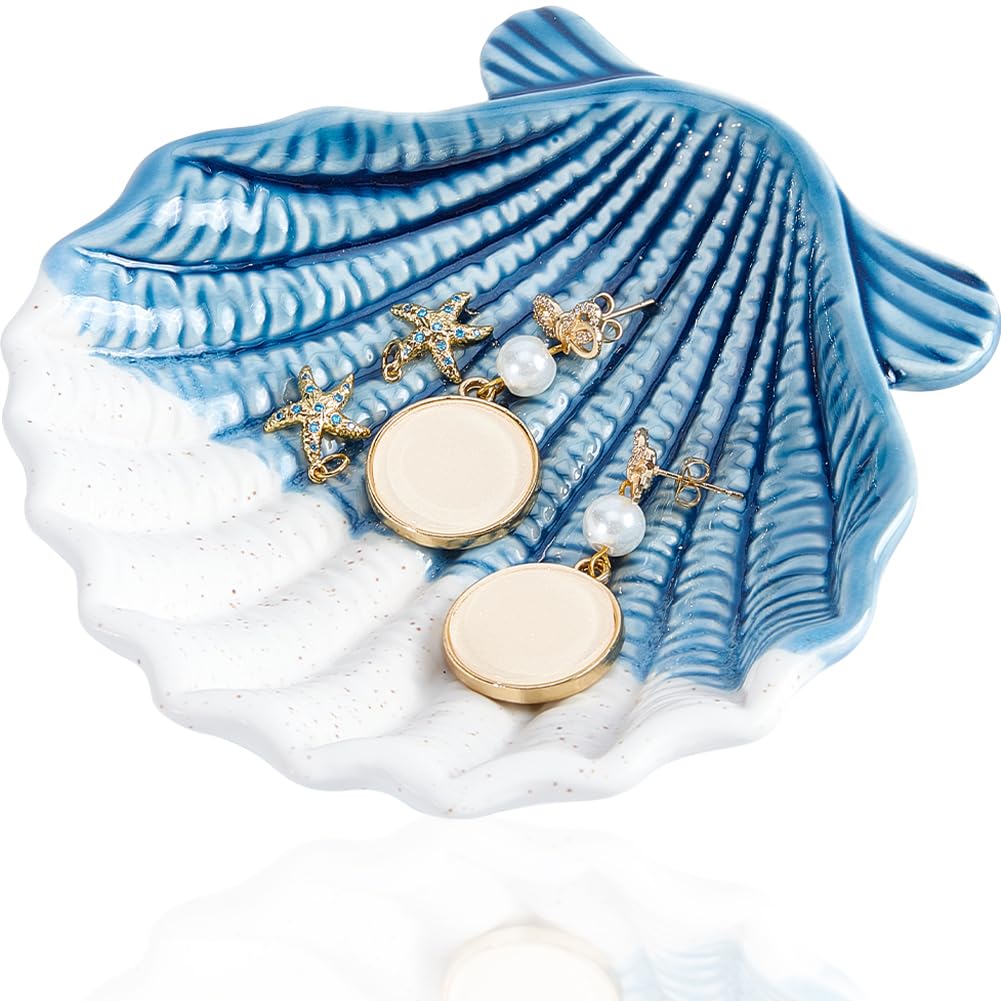 GORGECRAFT Ceramic Shell Tray Blue Jewelry Dish Ring Holder Organizer Ocean Sea Style Earrings Necklace Storage Decorative Small Key Bowl Plate for Watch Trinket Entryway Table Home Party Decor