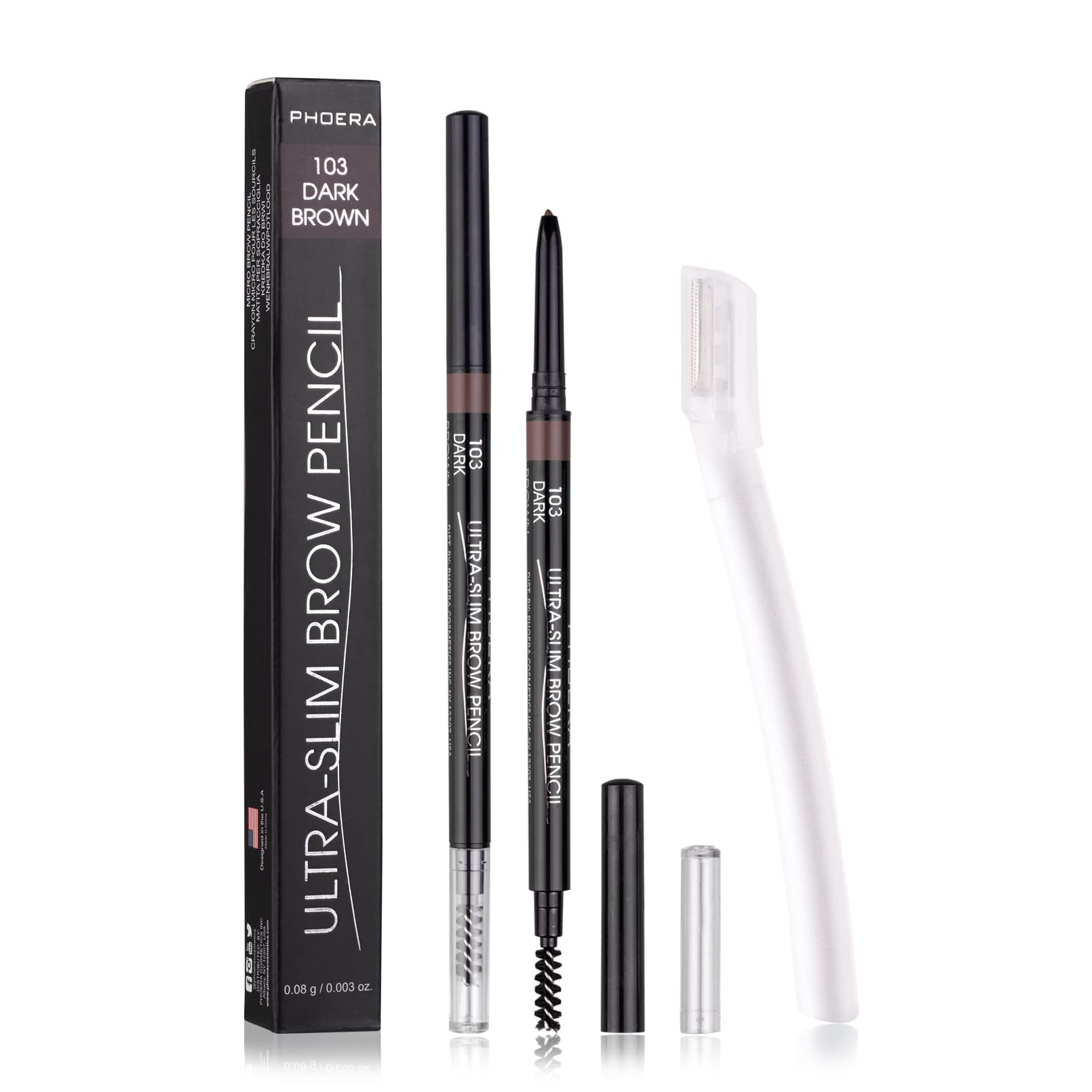 2 Packs Ultra Slim Eyebrow Pencil, Micro Brow Definer Pencil with eyebrow razors, Waterproof, Long-lasting, Precise Fine Tip Applicator for Perfect Brows, Dark Brown