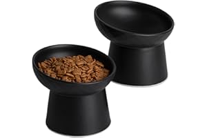 KTLECL Raised Cat Bowl Black, 7 Ounces Elevated Cat Food Bowls with Tilted Angle, Stress Free, Anti Vomiting, Ceramic Water Bowl for Cats Small Dogs Feeding Dish(2PC Black)