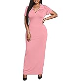 FANDEE Women's Bodycon Maxi Dress, Casual Polo Collar V-Neck Short Sleeve Party Holiday Elegant Long Dresses
