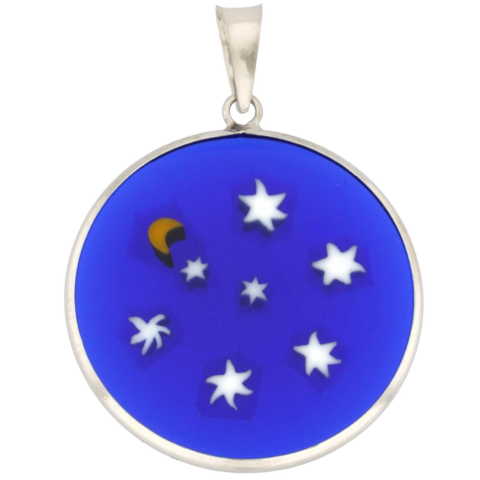Glass Of Venice Murano Glass Medium Millefiori Pendant in Silver Frame 26mm Starry Night - White Stars on Blue with Crescent Moon Pendant Necklace for Women - Handmade in Venice, Italy