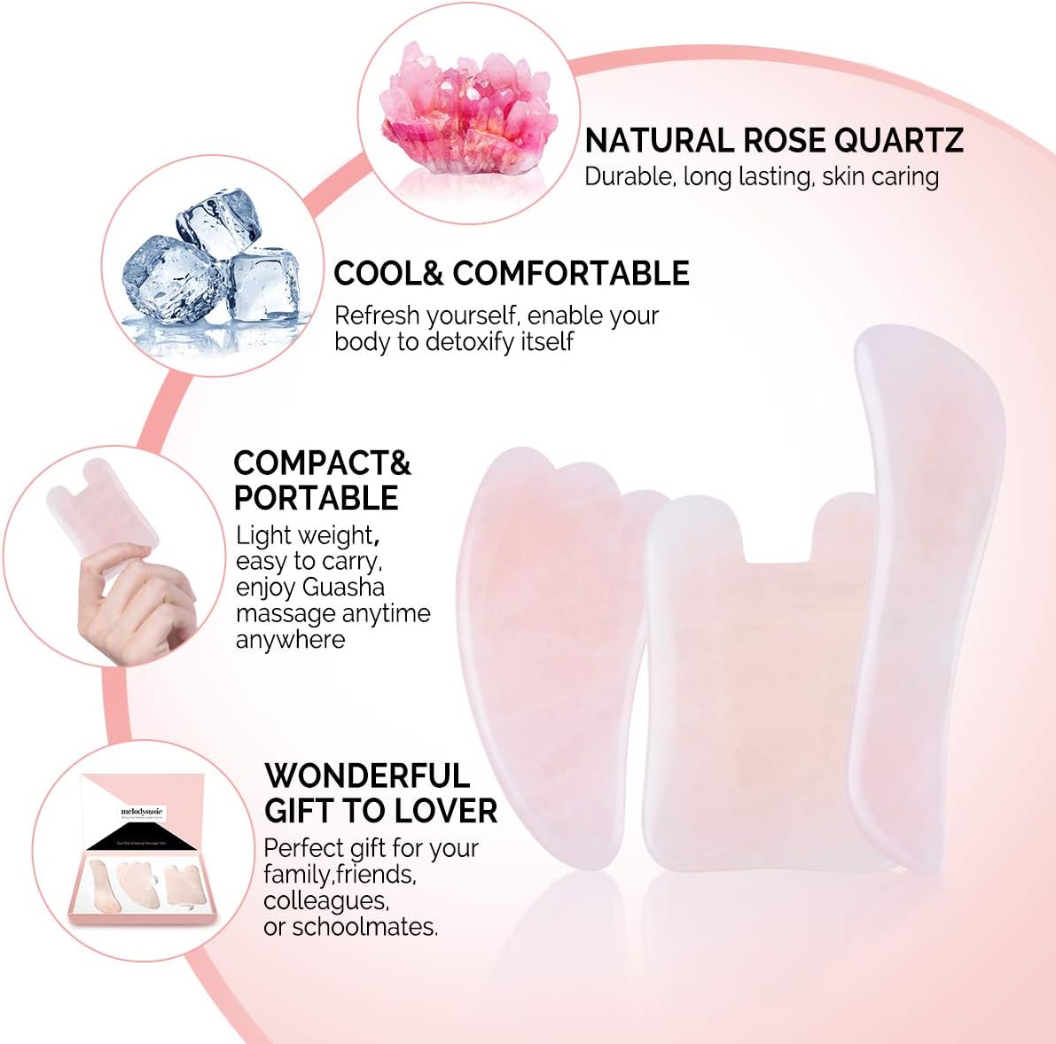 MelodySusie Gua Sha Tool- Scraping Massage Tool for Facial and Body,100% Natural Rose Quartz Stone Gua Sha Board for Anti-Aging,Facial Slimming,Acupuncture Treatment,Pack of 3: Health & Personal Care