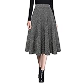 Ylingjun Womens Warm Wool Midi Skirts Winter Fall High Elastic Waist A line Flared Woolen Skirts