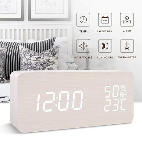 Wisenovo LED Digitaler Wecker Uhr Radiowecker mit Datum/Temperatur/Luftfeuchtigkeit Holz Tisch Uhr mit 12/24H Große Display L