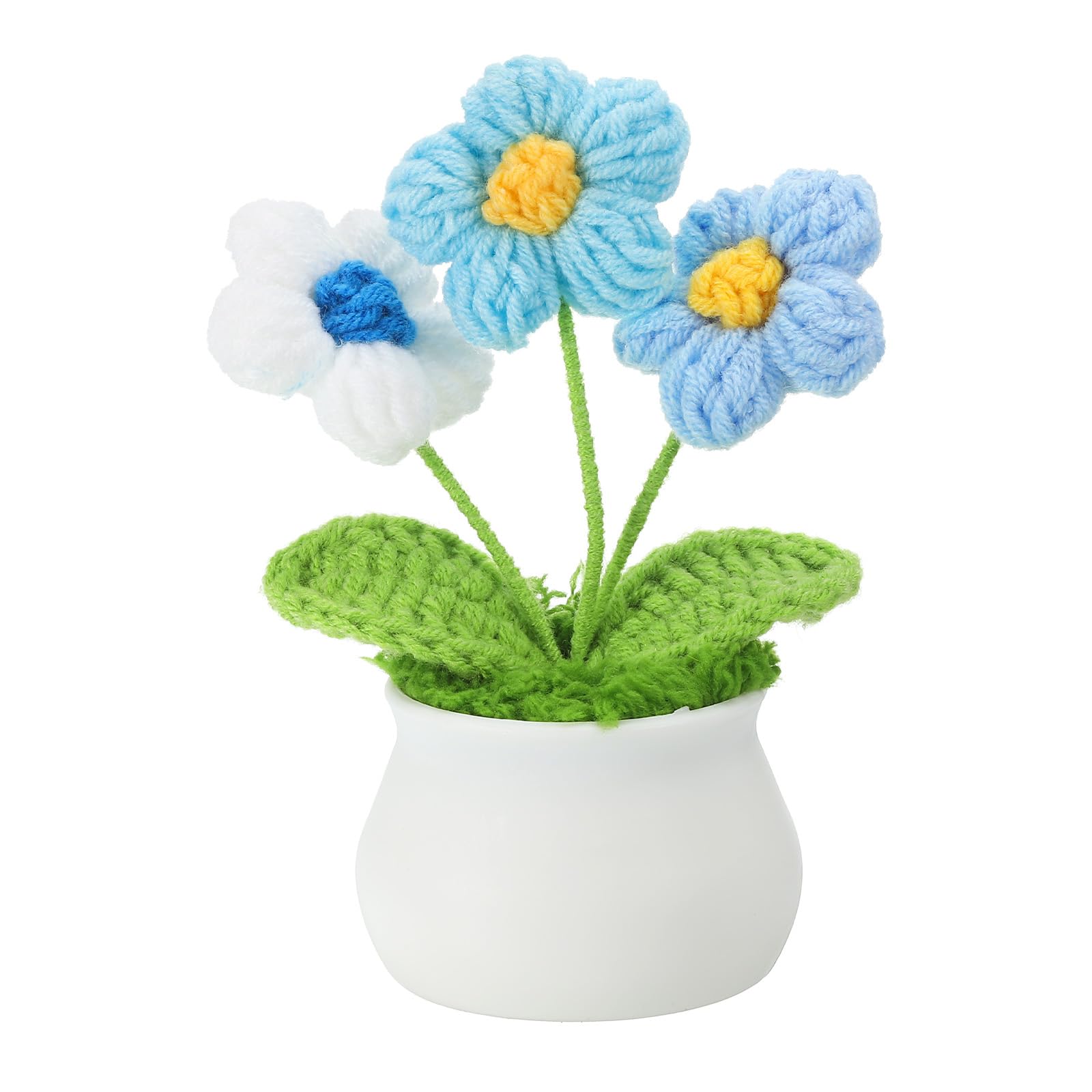 PATIKIL Crochet Flowers Potted, Handmade Knitted Mini Potted Plants Puff Knitting Artificial Flowers for Valentine's Gifts Home Office Tables Decoration, White Blue