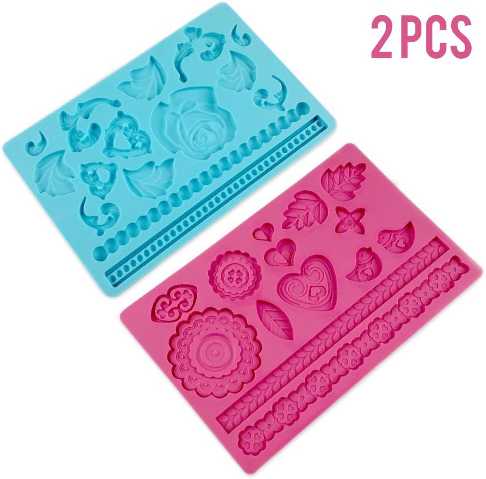 2pcs Silicone Lace Molds Cake Decorating Fondant Mat Baking Mould size 7.8"x5" with Embossed Rose and Folk Pattern for Cup Cake Icing Candy Gum Paste, Pink and Blue