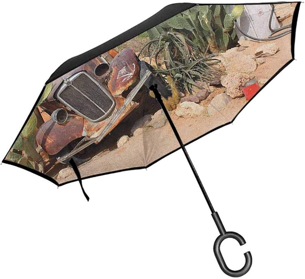 Vintage Car Umbrella Windproof Old Broken Car and Desert
