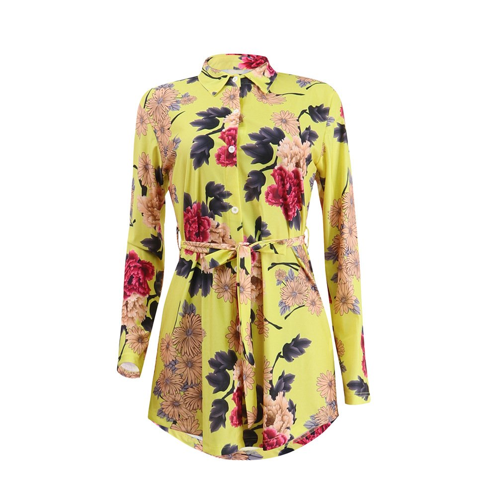 Women\'s Floral Print Belted Blouse Button Down Shirt Dress Long Sleeve Irregular Hem Small Yellow