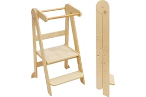 SHWWQUE Foldable Toddler Tower 95% Preassembled Kitchen Stool Helper Folding Step Stool for Kids with 3 Adjustable Height Montessori Toddler Standing Tower for Kitchen Counter Sink Natural