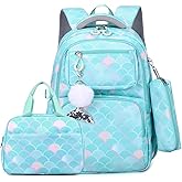 LANSHIYA Mermaid Girls Backpack with Lunch Box, Elementary School Bag for Kids 3Pcs Bookbag Set for Girls