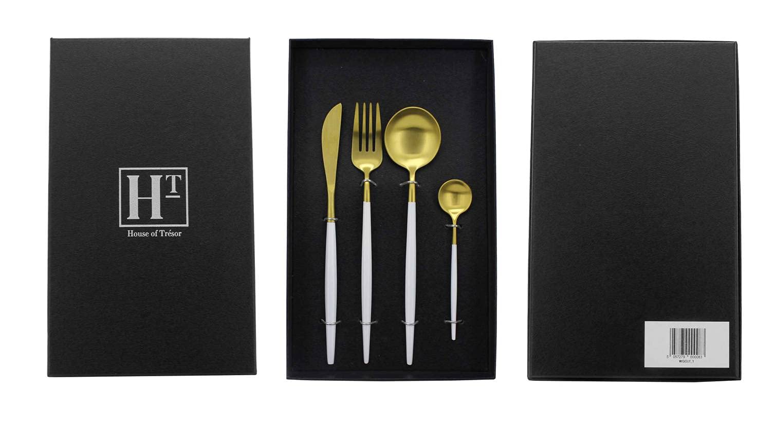 House of Trésor 4 Pcs Cutlery Set- Black and Gold OR White and Gold. Dishwasher Safe (Black and Gold)