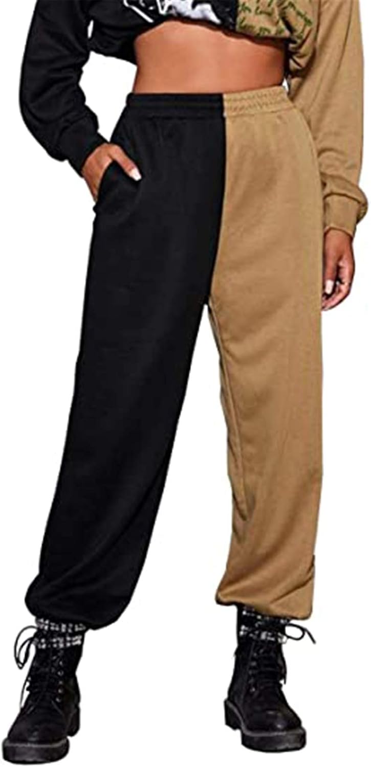 Women Contrast Color Baggy Sweatpants Pockets High Waist Patchwork