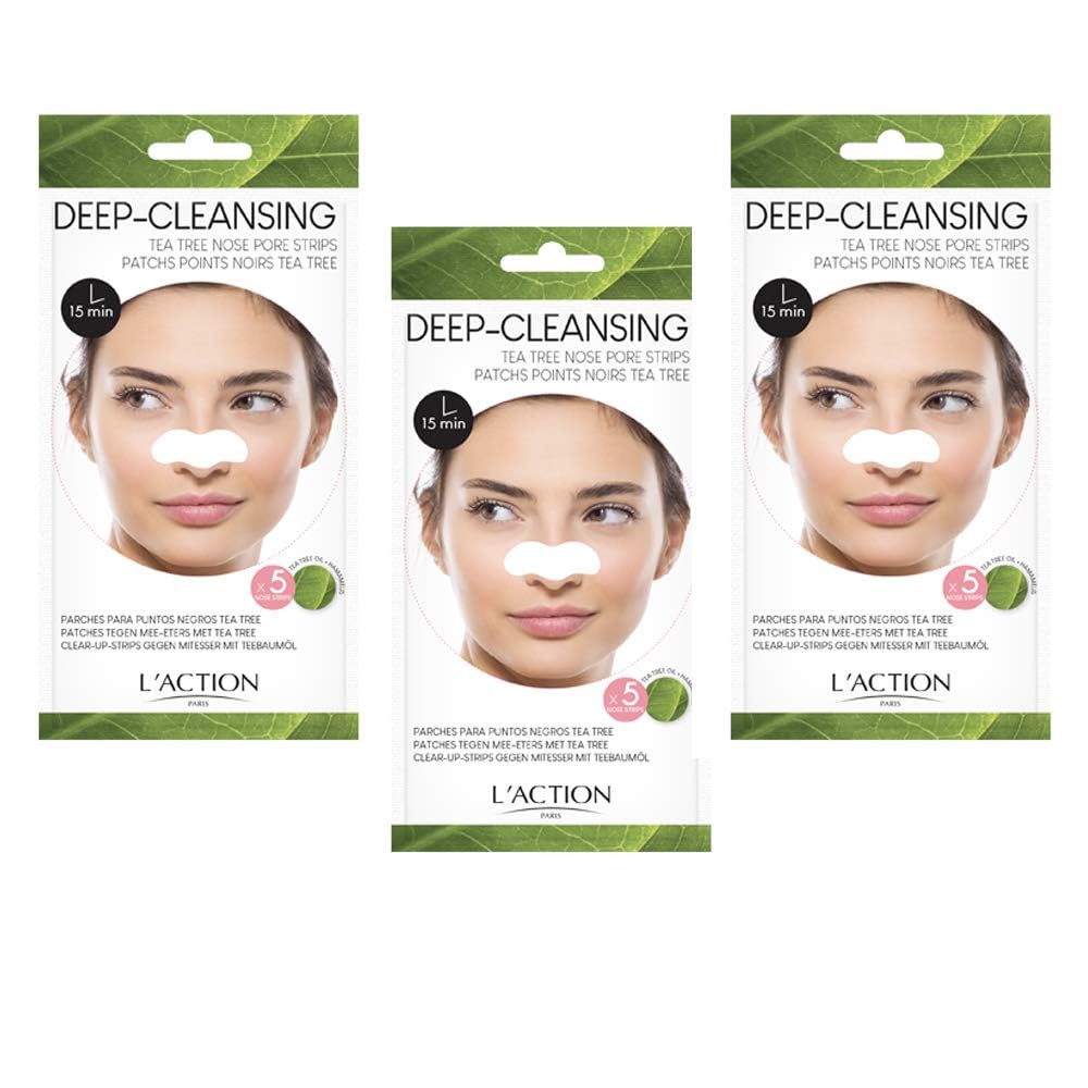 L'Action Paris Deep-Cleansing Tea Tree Nose Pore Strips, Enriched With Indian Lotus Flower Extracts, Unclogs & Deep Cleanses Pores on the Nose - 5 Pcs (3 Pack)