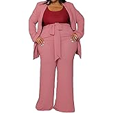 IyMoo Plus Size Suits for Women Business Open Front Long Sleeve Blazer Elastic Waist Solid Straight Leg Pant Set Suits