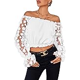 LYANER Women's Off Shoulder Floral Mesh Long Sleeve Ruffle Trim Crop Blouse Top