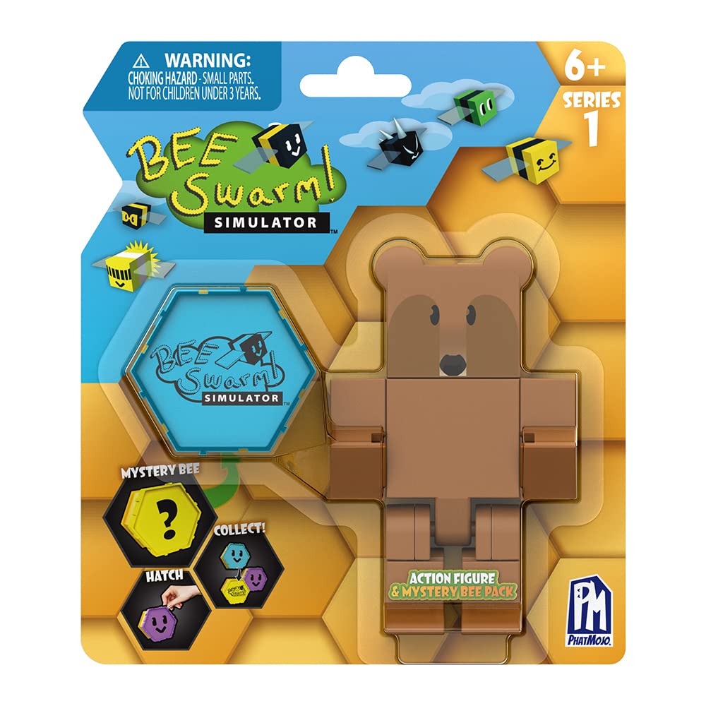 Photo 1 of Bee Swarm Simulator – Brown Bear Action Figure Pack w/Mystery Bee & Honeycomb Case (5” Articulated Figure & Bonus Items, Series 1)