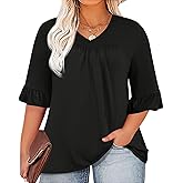 Chulianyouhuo Womens Plus Size Tops 3/4 Sleeve Casual Shirts V Neck Ruffle Loose Fit Tunic Blouse XL-5X