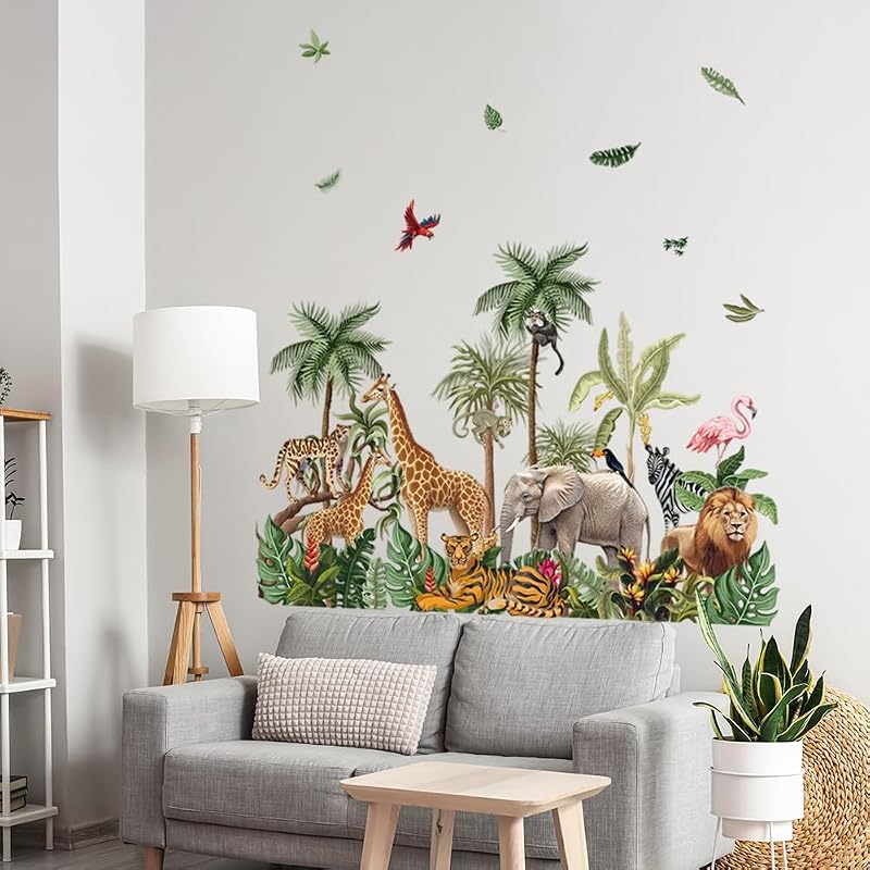 Wandtattoo Tiere des Regenwalds Wandsticker Dschungel Giraffe Elefant Löwe Tiger Blätter Wandbilder Groß Wandaufkleber Wanddeko Kinderzimmer Babyzimmer Schlafzimmer Aufkleber