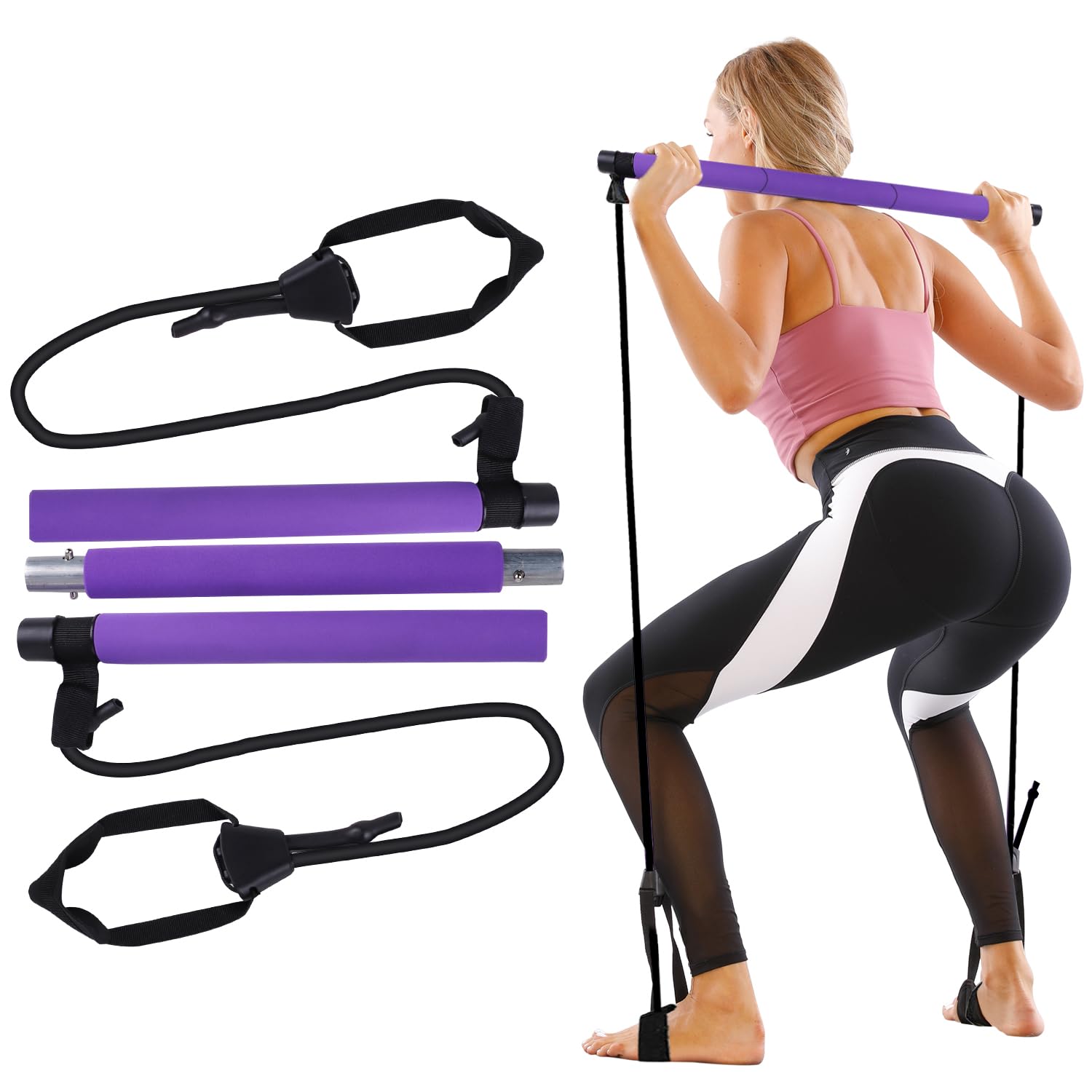GLKEBY Pilates Bar Kit,With Adjustable Resistance Band Pilates Exercise Stick,Multifunctional Portable Home Fitness Bar Set, For Stretching, Yoga, Shaping,Exercise,Sit-ups,Lose weight,Purple