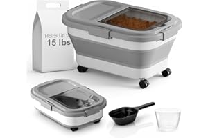Summark 15 Lbs Dog/Cat Food Storage Container,Collapsible Food Storage Containers with Rolling Wheel Airtight Locking Lid,Pet Food Storage Container with Cup and Scoop,Grey