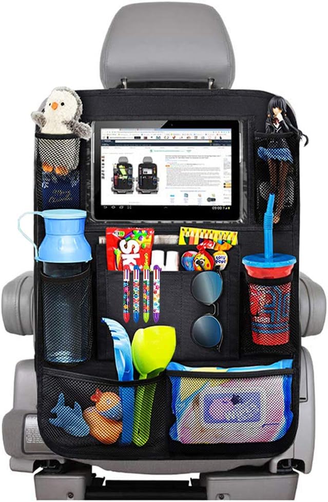 MingL-Car Seat Back Storage Organiser, Car Seat Organiser with 10.1 Inch iPad Tablet Holder and 9 Storage Pockets, Waterproof Cover,Seat Kick Mats(1 Pack)