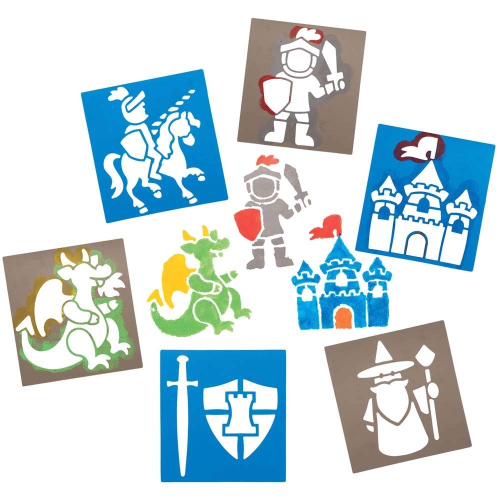Baker Ross FE290 Knight Stencils - Pack of 8, Plastic Stencils for Children, Art Set for Kids to Create and Design Themed Books, Cards and Pictures