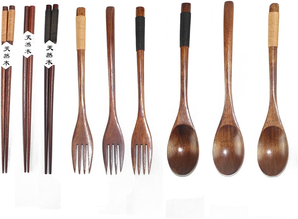 EBILUN 3Set Wooden Tableware, Portable Eco-friendly Reusable Wood Spoon Ladle Fork Chopsticks Utensils Flatware W/Pouch Perfect Replacement Plastic Cutlery Set/Bag