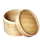 Natural Bamboo Steamer Basket,2 Tier Food Pot Basket Cooker,Chinese Food Steamer,Asian Style Cookware,Great for Dumplings, Ve