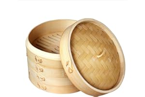 Natural Bamboo Steamer Basket,2 Tier Food Pot Basket Cooker,Chinese Food Steamer,Asian Style Cookware,Great for Dumplings, Ve
