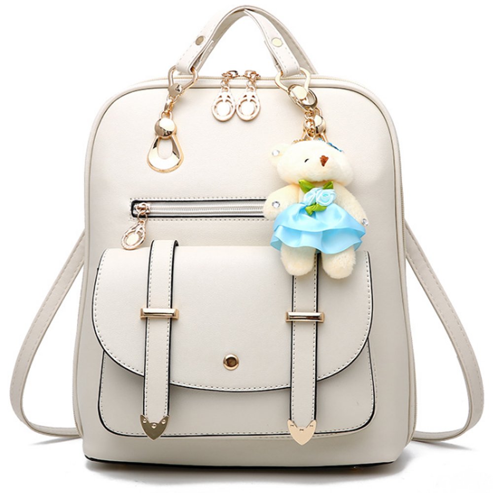 FiveloveTwo Fashion Backpack PU Leather Women Girls Backpack Purse Shoulder Hobo Bag Satchels Top-Handle Bags Beige