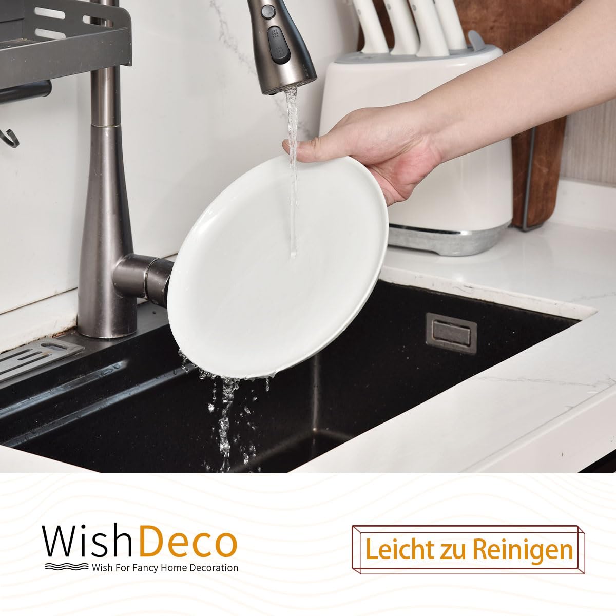 WishDeco Keramik Teller 6er Set, Flache Speiseteller 23cm, Geschirrset Weiß, Porzellan Essteller, Dinner Plate für Salat, Pasta, Pizza 9