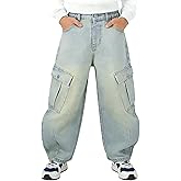 Tenfinordi Boys Baggy Jeans Barrel Y2k Street Denim Cargo Pants, Loose Fit Elastic Waist Multi-Pockets Kids Size 8-12