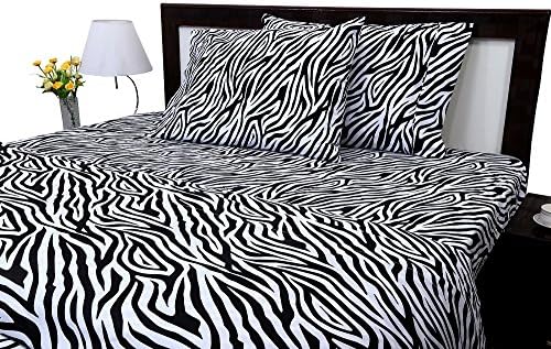 Bed Sheet Set Egyptian Cotton Twin Size - Zebra Print (1 Fitted Sheet, 1 Flat Sheet & 2 Pillow Cover) 12 Inch Drop 400 TC by Mahaveer Cotton