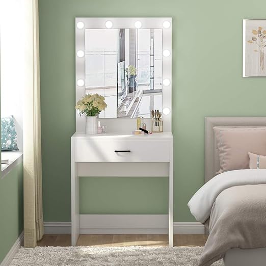 white vanity set with lighted mirror